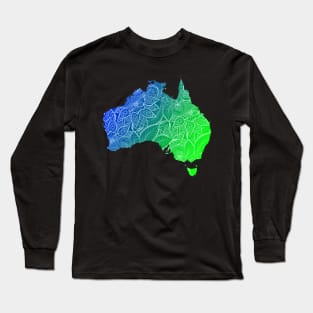 Colorful mandala art map of Australia with text in blue and green Long Sleeve T-Shirt